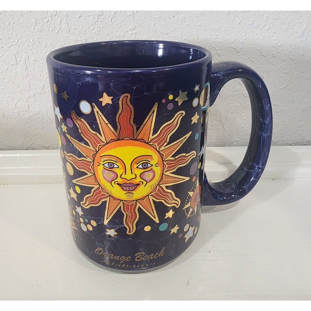 Vtg 90s Celestial Mug Cobalt Blue Sun Moon Stars Orange Beach Alabama Agiftcorp